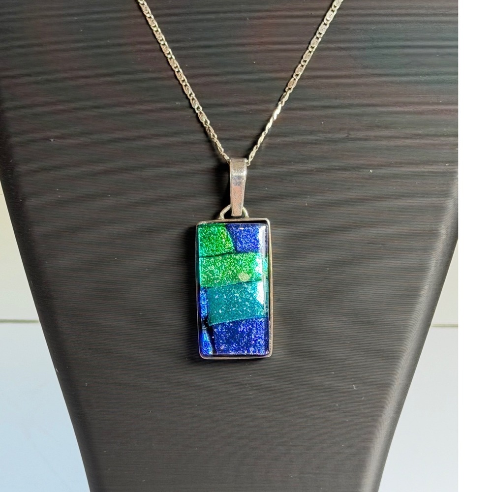 925 Sterling Silver Dichroic Art Glass Pendant Necklace Green Blue Rectangular